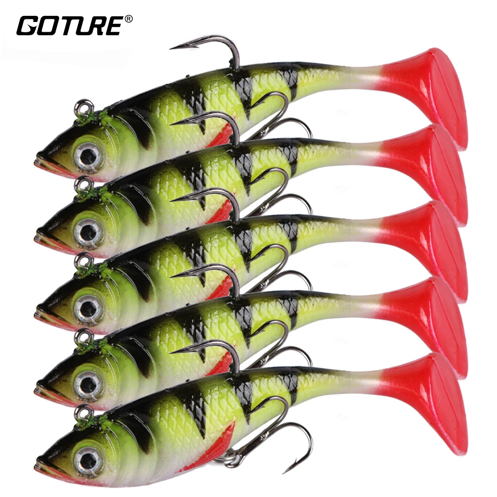 

Goture 5pcs/set Soft Fishing Lures Swimbait Wobblers 11g 8cm Silicone Artificial Bait 3D Eyes Lead Head 8# Treble Fishing Hook