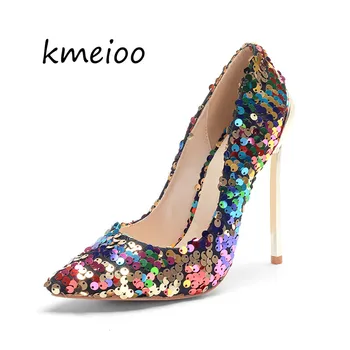 

kmeioo 2018 Fashion New Women Pumps Classic Sequined Shallow Women High Heels Sexy Pointed 12cm Wedding shoes party Women Shoes