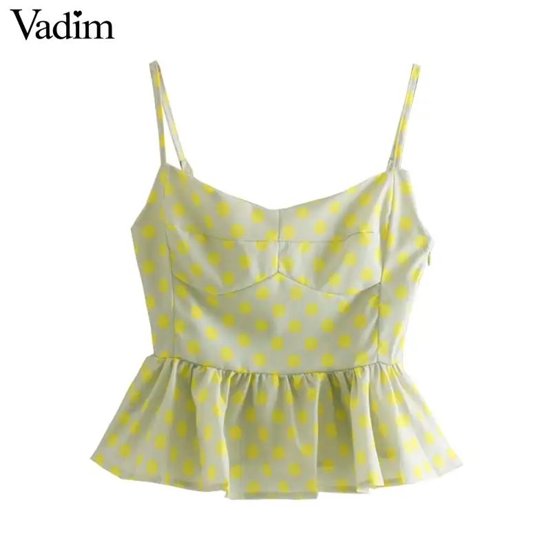 

Vadim women polka dots V neck blouse short style sleeveless side zipper back elastic female casual sweet chic tops blusas WA361