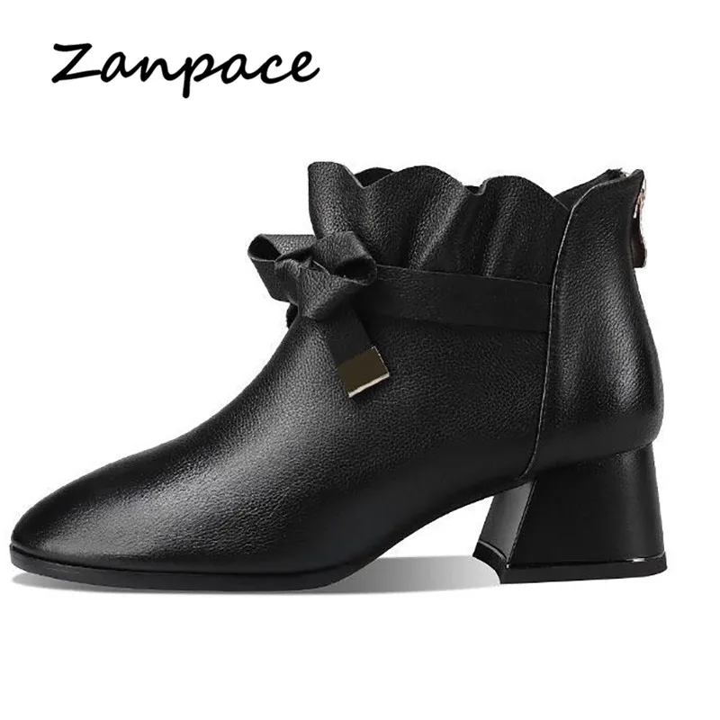 

2019 Spring Leather Boots Med Heel Ankle Boots for Women Warm Pointed Toe Zipper shoes Autumn Black Ankle Boots Zapatos Mujer