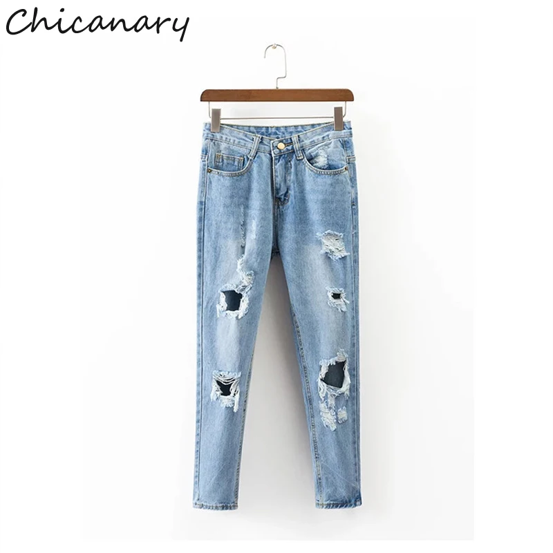 

Chicanary Ripped High Waist Skinny Jeans Light Blue Distressed Crop Denim Pants