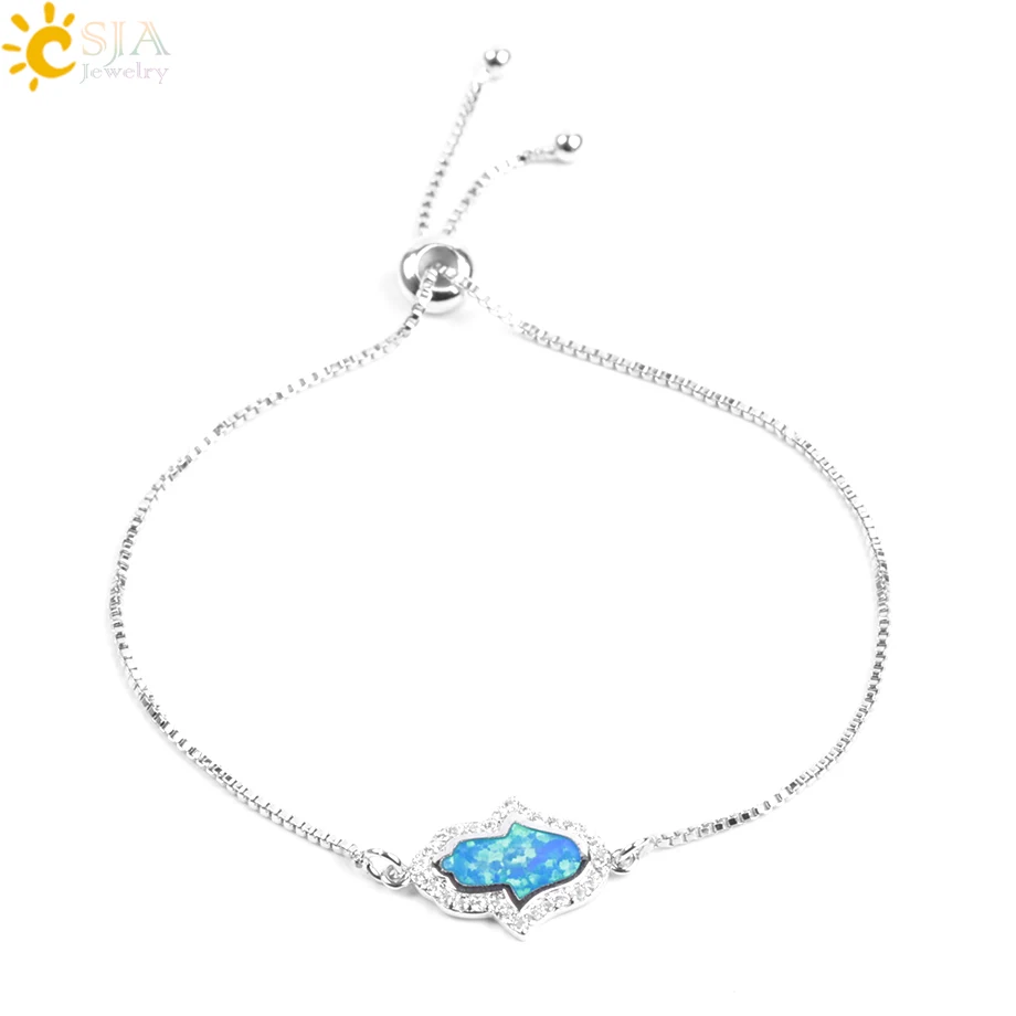 

CSJA Blue Opal Hamsa Hand of Fatima Amulet Bracelets Bangles Austrian Crystal Cubic Zircon Beads Silver Charm Lady Jewelry F075