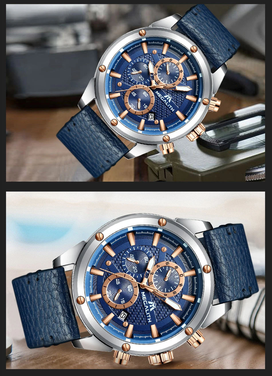 MEGALITH Модные мужские водонепроницаемые кварцевые часы спортивные Chronograp кожаные часы лучший бренд класса люкс для мужчин