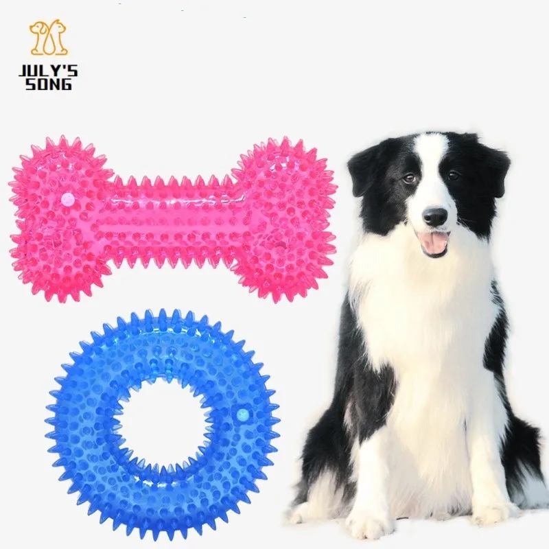 New Squeak Chew Dogs Toy Rubber Ring Bone Pet Funny Toys Sound Built in