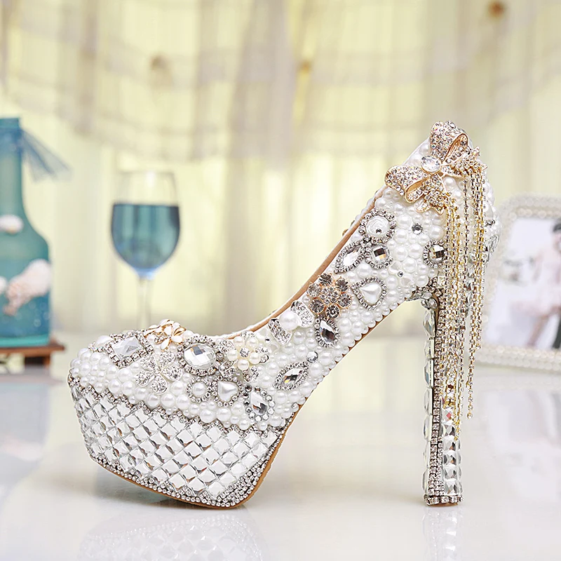 Gorgeous White Ultra High Heels Women's Bridal Dress Shoes Prom Heels  Crystal Rhinestone Bride Shoes Pearl Wedding Pumps Women