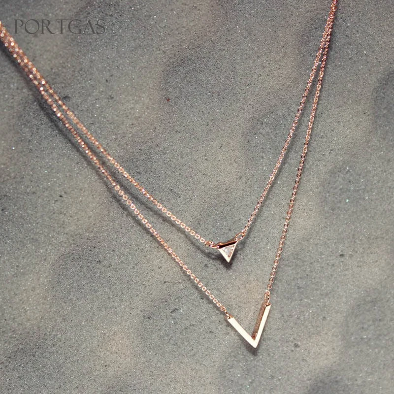 

Flash Shinny Double V layered Pendant Clavicle Necklace Crystal Initial Collares Link-Chain Choker V shape Layer Collares