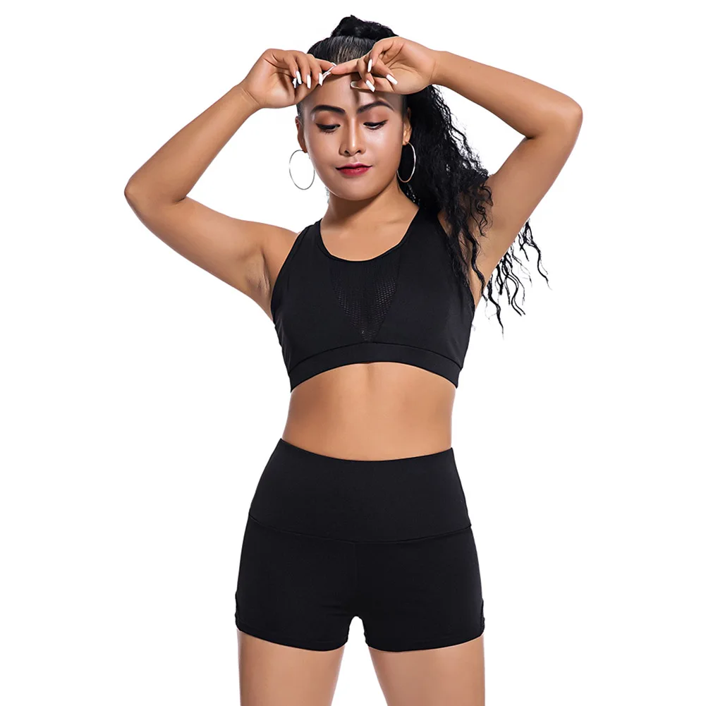 Женская спортивная одежда набор из одноцветной сетчатой ткани Топы быстросохнущие с шортами для спорта ASD88 - Цвет: Черный