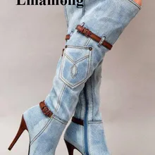 Новейшая модель; пикантные Модные женские высокие сапоги-трубы из джинсовой ткани с цветными блоками, острым носком, ремешком и пряжкой; пикантные женские сапоги из джинсовой ткани на тонком высоком каблуке