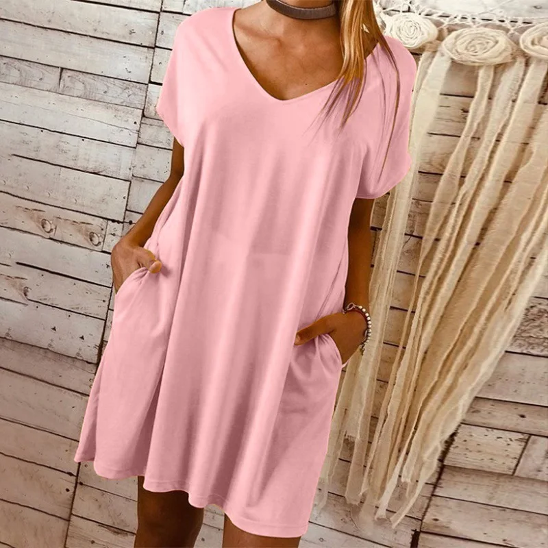 

Large Size 3xl Summer V Neck Loose Mini Women Dress Short Sleeves Pockets Beach Dress Casual Solid Short Vestidos Sexy Dress