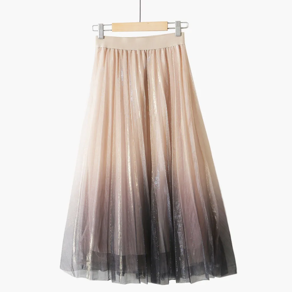 Звездные градиентные плиссированные юбки из тюля для женщин весна лето светоотражающая ткань длинные юбки женские макси юбки женские бежевые