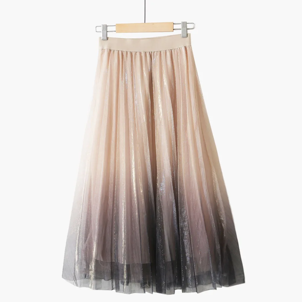 

Starry Gradient Tulle Pleated Skirts Womens 2019 Spring Summer Reflective Fabric Long Skirts Womens Maxi Skirt Female Beige