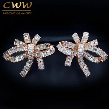 

CWWZircons Sparkling Cubic Zirconia Inlay Bowknot Shape Big Rose Gold Color Stud Earrings for Women Fashion Jewelry Gift CZ349