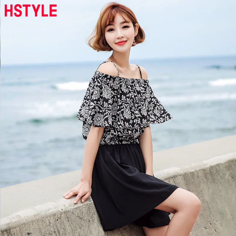 HSTYLE Summer Rompers Womens Jumpsuit Black Slash Beck Short Sleeve Flower Printing Women