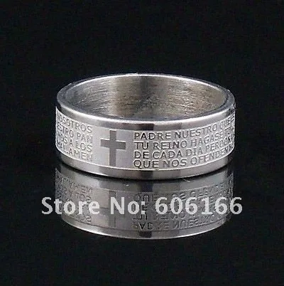 

30x 8mm Silver Tone Etched Spanish Bible Lord's Prayer Cross Ring Stainless Steel Rings Fashion Religious Jewelry Wholesale