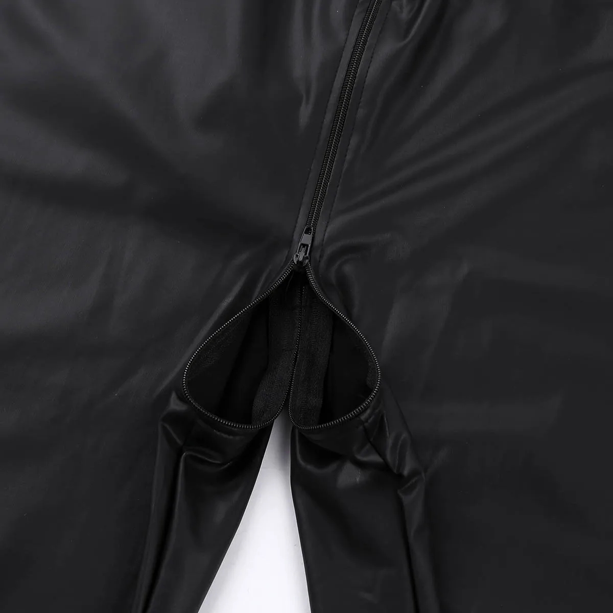 Tiaobug Adult Black Wetlook Patent Leather Sheer Mesh Splice Zipper Crotch Leotard Bodysuit Men Jumpsuit Zentai Club Costume -Zentai shop online