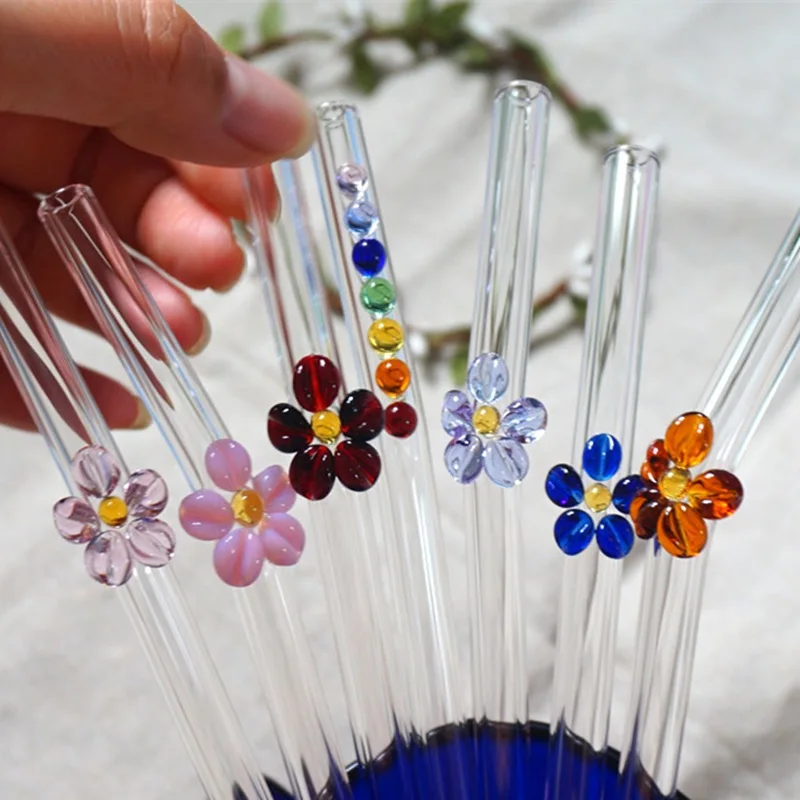 1PCS Flower Glass Straw Reusable Drinking Straw Bent Curved Straight