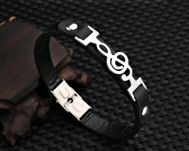 Дизайн Музыкальные ноты Braclet для мужчин подлинный мужской кожаный браслет хип-хоп браслеты из нержавеющей стали ручной ювелирные изделия Pulseira Feminina