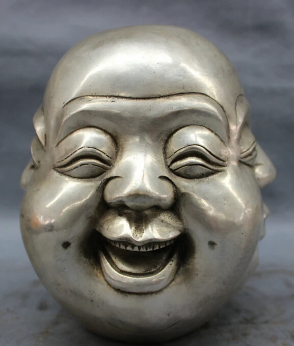 

S3742 8" Chinese Silver Folk Buddhism 4 Face Happy Laugh Maitreya Buddha Head Statue D0318