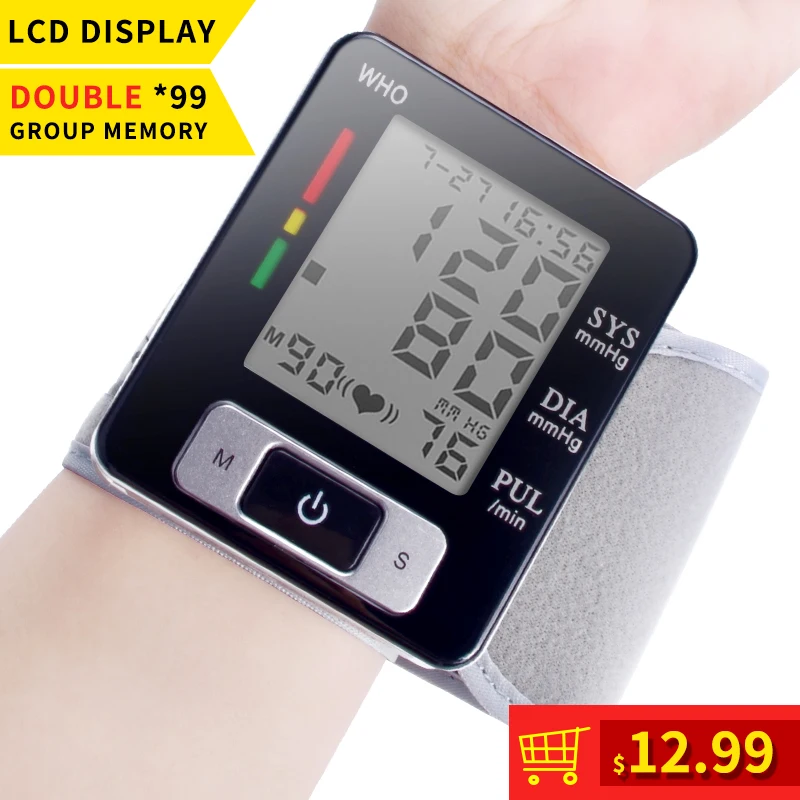 

LCD Digital Display Screen Home Automatic Wrist Blood Pressure Pulse Sphygmomanometer and tonometer Monitor Heart Beat Meter