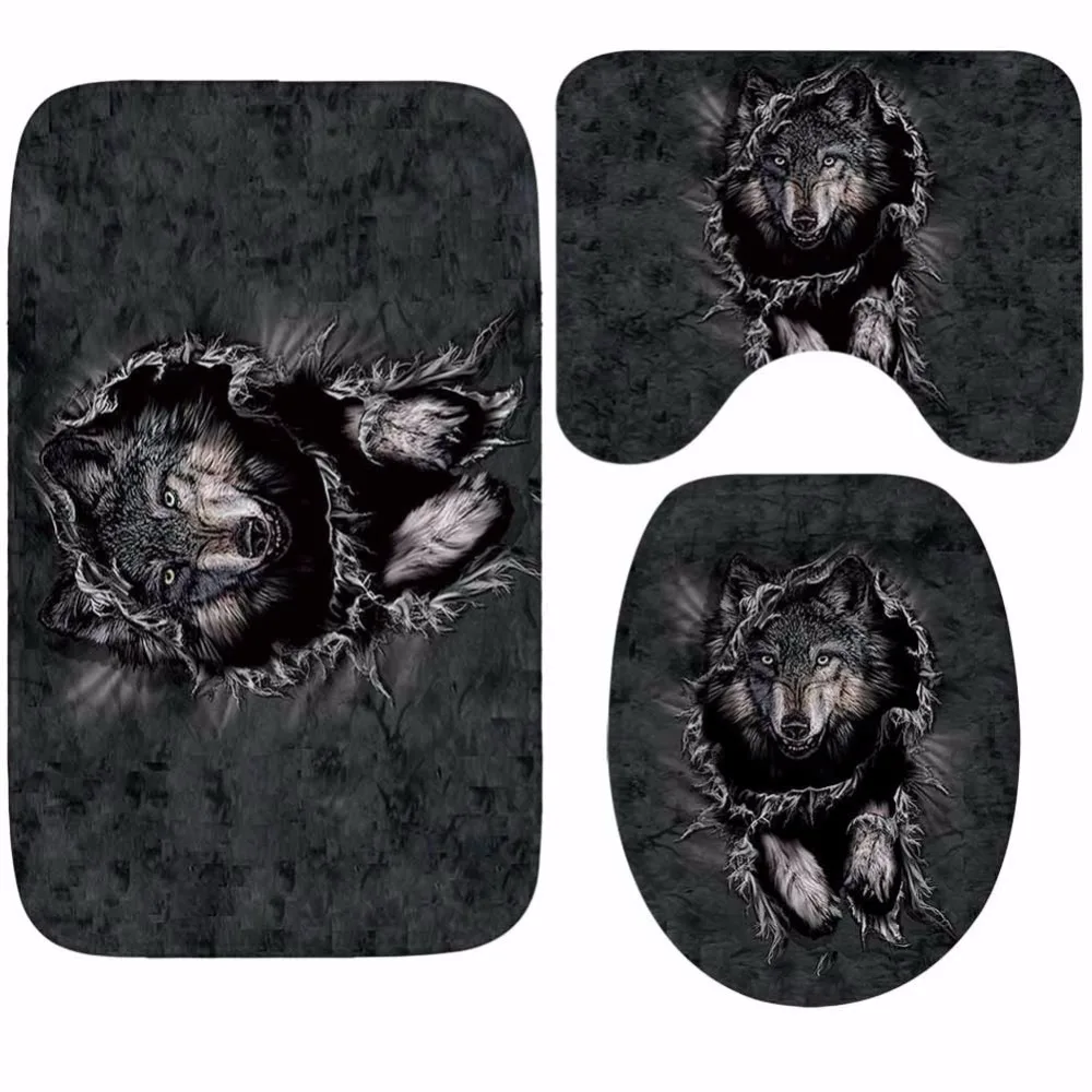 

New 3D Cute Animal Wolf Printed Toilet Seat Cover Round Mat 3 Piece Set Warmer Soft Bathroom Carpet Bath Accessories Set