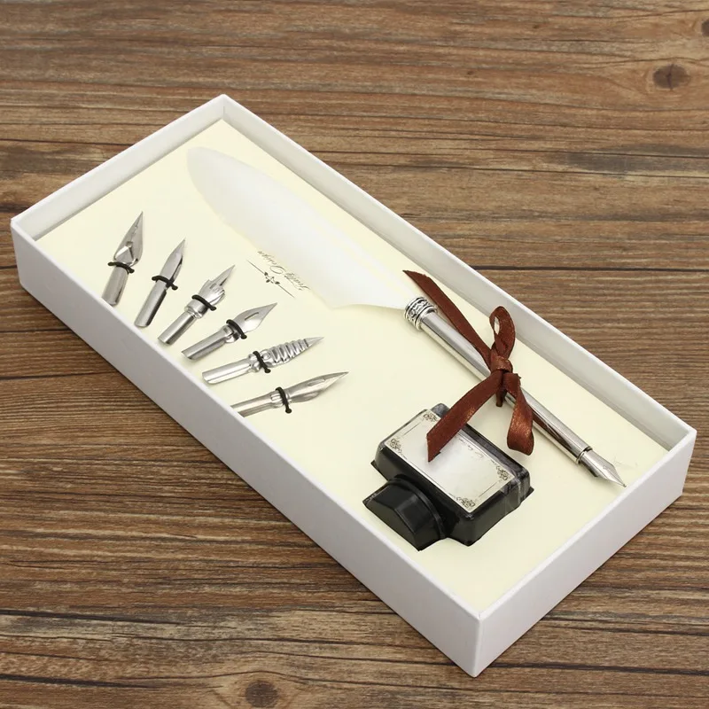 Новейшие kicute гусиная ручка с птичьим пером авторучки металлические Nibs Dip пишущие черные чернила набор для свадебного подарка канцелярские коллекционные