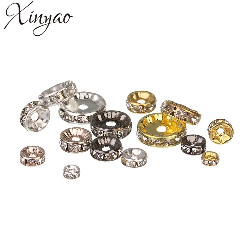 

XINYAO 50pcs Gold Silver Color Loose Rhinestone Crystal Beads 6 8 10 12 mm Metal Rondelle Spacer Beads For Diy Jewelry Making