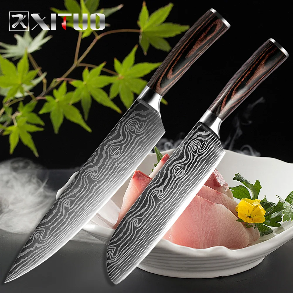 XITUO 2 ks kuchyňské nože sada 8 "7" palcový japonský kuchař nůž Damašek ocel Vzor Utility Paring Santoku Krájecí nůž Zdraví