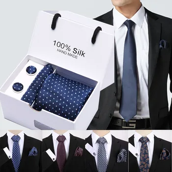 

Men's 7.5cm Wide 100%Silk Italian Ties Cufflink Hankie Clips Custom Checked Gravatas Necktie Sets Ties for Business Formal