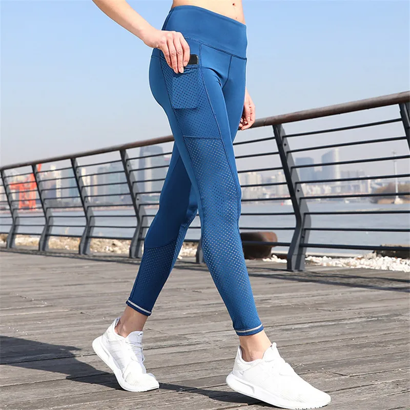 En Ligne Sexy femmes pantalons de Yoga taille haute Fitness sport Leggings poche latérale Gym entraînement respirant formation collants de course vêtements de sport