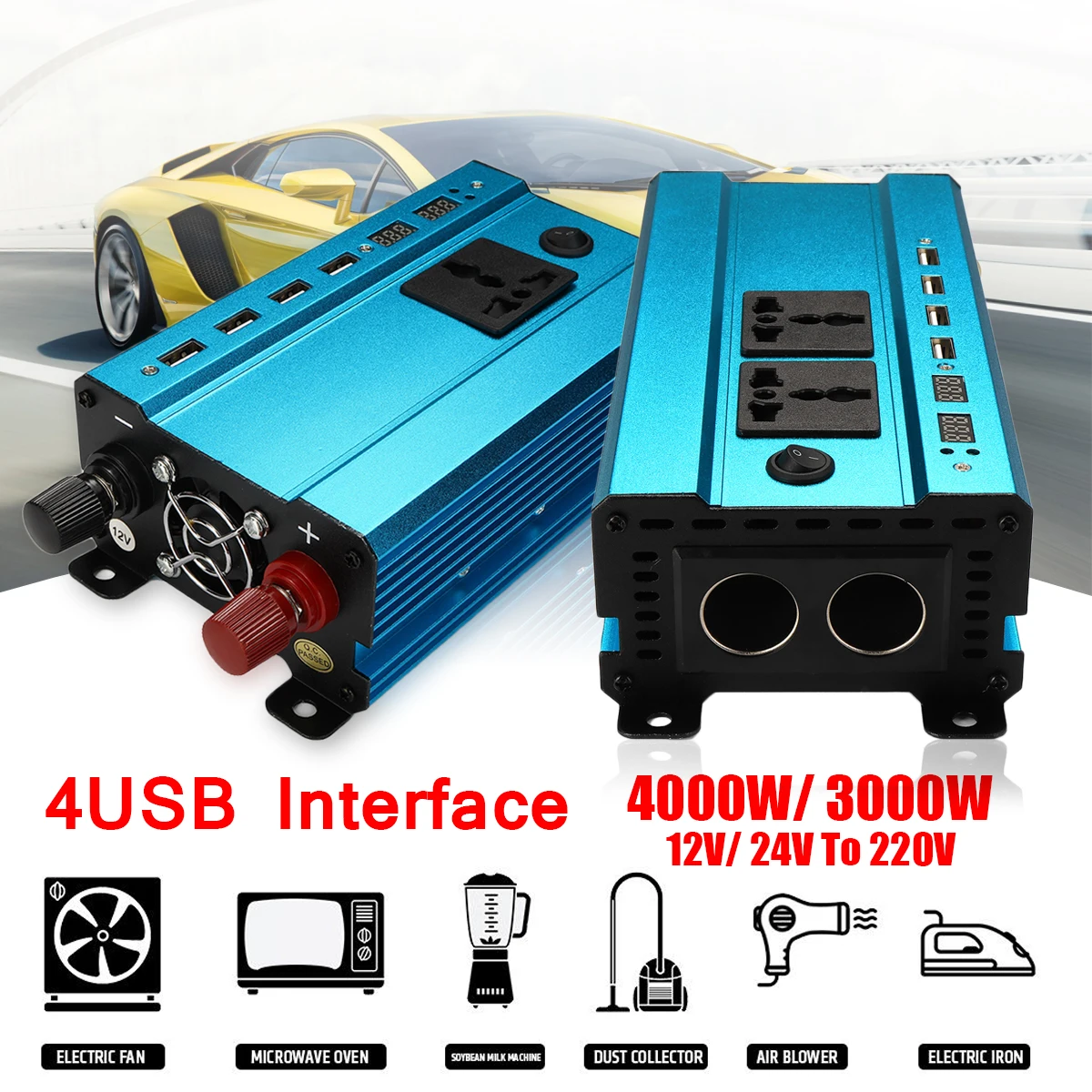 

Voltage Transformer Solar Power Inverter Peak 3000W/4000W LED 4USB 12V/24V DC to 110v/220V AC 50Hz Sine Wave Converter Overload