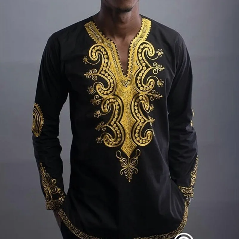 Африканский Костюмы этническим принтом v-образным вырезом футболка с длинными рукавами Топы Для мужчин Повседневное традиционной печати Мода Большой Размеры