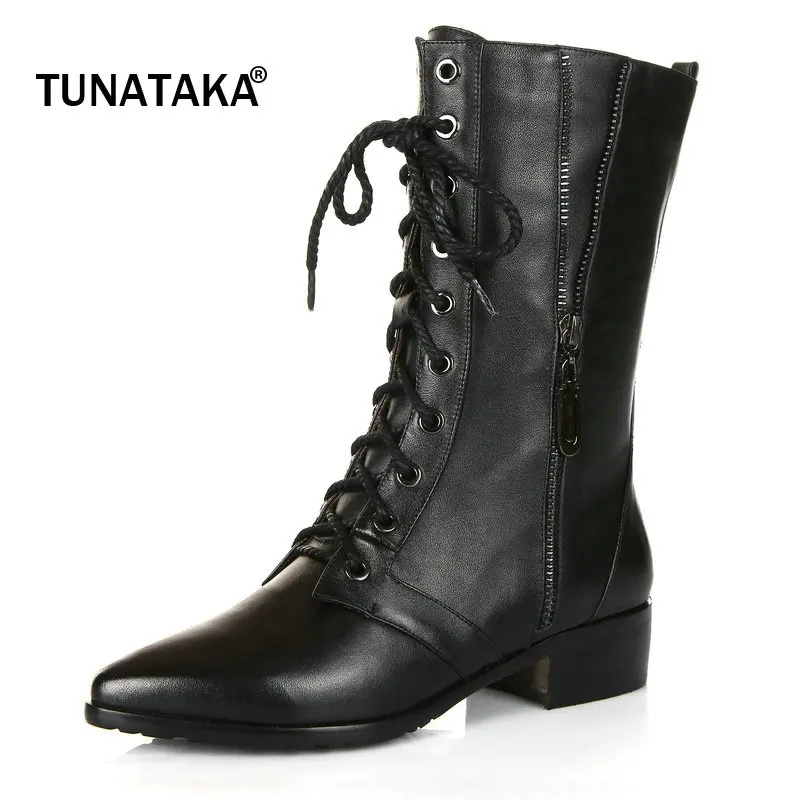 

Shoes Woman Genuine Leather Lace Up Riding Boots Pointed Toe Suqare Heel Zipper Party Winter Mid Calf Boots Black