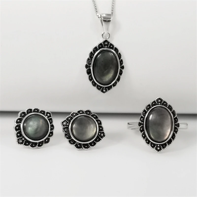 

Black Shell Green/Red/Black Natural Stones 925 Sterling Silver Vintage Women Agate Chalcedony Necklace Earrings Ring Jewelry Set