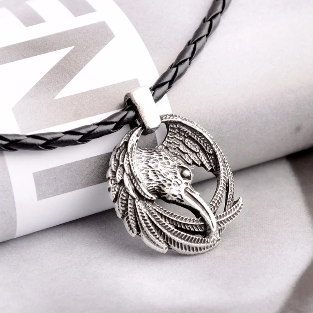 Nordic Viking Raven Crow Head Pendant Mens Black Leather Necklace Gift
