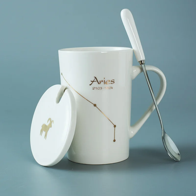 Крутая модная кружка с 24 созвездиями, кружка для чая, молока, кофе, керамическая ложка, крышка, чашка для пары, офисный подарок, чашка для напитков на заказ - Цвет: White-Aries