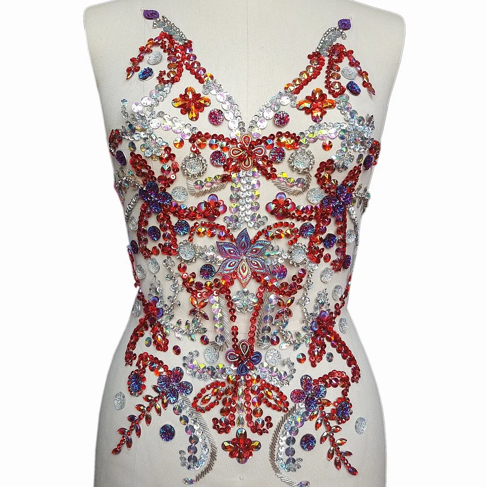 BEaded 36x50cm Red and Crystal Sequin Sew on Appliques Rhinestone