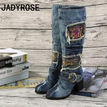 Винтажные дизайнерские женские сапоги до колена; синие джинсовые мотоциклетные сапоги; женские зимние сапоги с круглым носком; Bota Feminina; длинные ботиночки