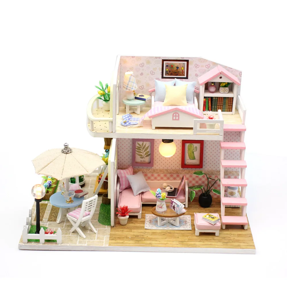 

New 1set of DIY Doll House Pink Attic Handmade Educational Cottage Without Dust-proof Cover best brithday gift to kids