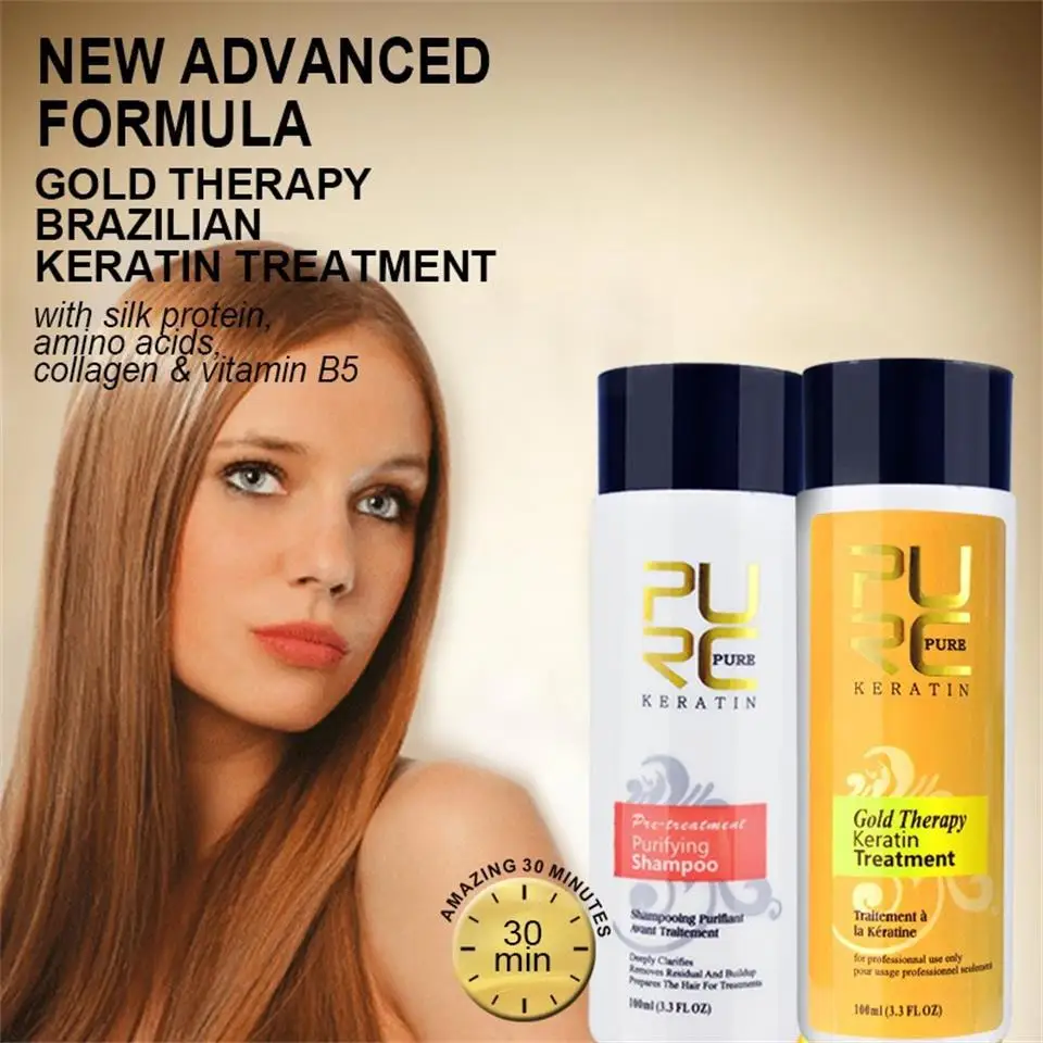PURC Золотая терапия с кератином, для выпрямления волос 100 мл+ очищающий шампунь 100 мл новая формула зеленый яблочный аромат средство для ухода за волосами
