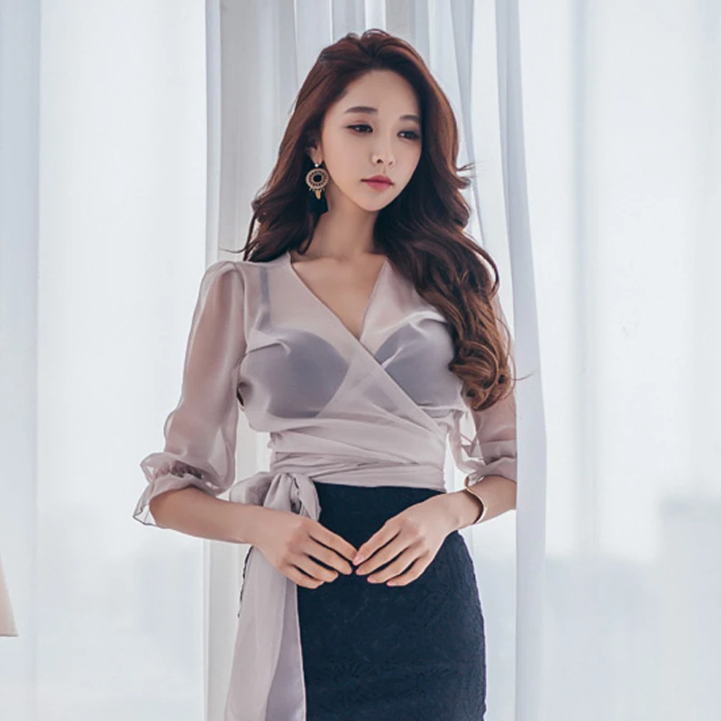 

Women 's Sexy V-neck Chiffon perspective Net yarn Blouses Waist Straps bowtie speaker Sleeved nightclub lotus Shirt Tops 2018