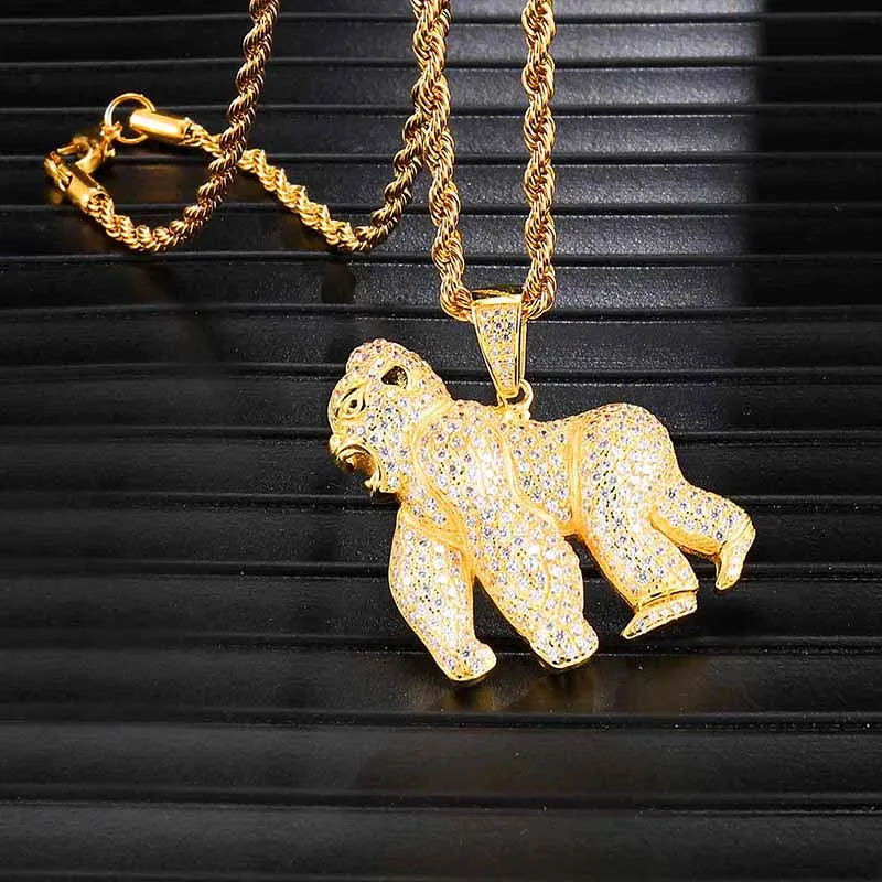 

Bling Iced Out Micro Paved Gorilla Necklaces Pendants Gold Color Copper Orangutan Pendant For Men Rapper Jewelry