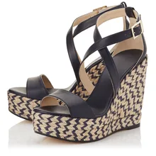 2016 Ladies Shoes Wedges Sweet Women Hemp Rope Sandals Two Pieces Dark Blue Leather Comfort Party Wedge Platform Caged Heels