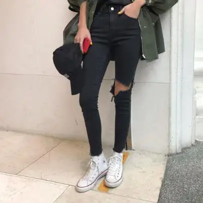 

Pengpious spring summer new jeans for fashion school girls super stretchy denim pants women black jeans with hole on knee