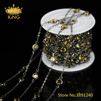 

6mm,5Meters,Gun Black Plated Wire Wrapped Links Jewelry,Golden Yellow Clear Glass Faceted Coin Round Beads Necklace Crafts,BH33