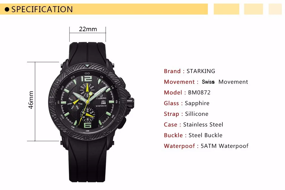 STARKING мужские наручные часы Relogio Masculino многофункциональные оригинальные горячие спортивные часы силиконовые Роскошные брендовые черные кварцевые часы