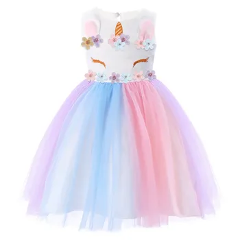 

2019 New Cute Baby Kid Unicorn Fancy Costume Flower Girl Dress Rainbow Tutu Tulle Dress Pageant Wedding Birthday Party Dresses
