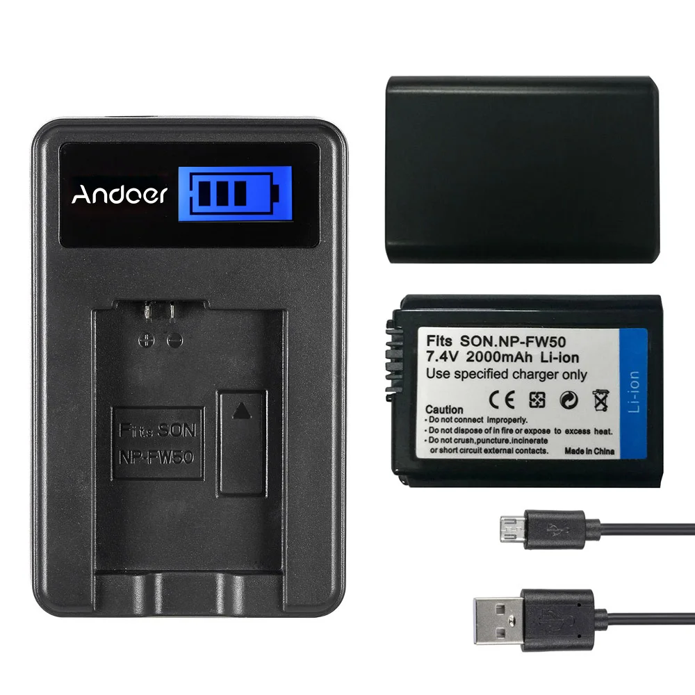 Andoer NP-FW50 2 шт 7,4 V 1500mAh литий-ионная аккумуляторная батарея с ЖК-зарядным устройством USB для sony Alpha a7(II) a7R(II) и т. Д