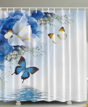 

Home Fabric Shower Curtain Blue White Wild Flowers Yellow Butterflies Theme Floral Bathroom Decor Prints Design