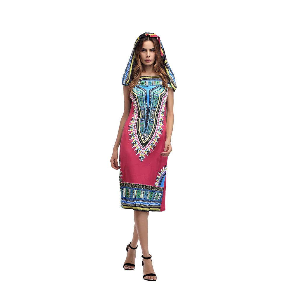 2018 Women Dress Suits Printed Geometric Hooded sleeveless summer printing hooded skirt female fashion national style Dress