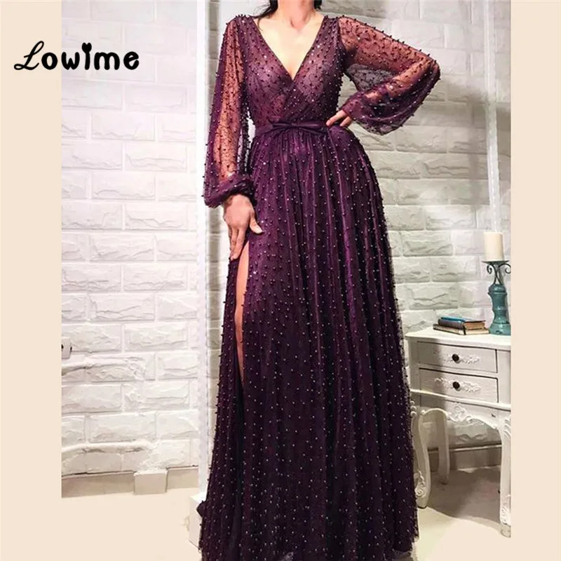 Purple V Neck Pearl Arabic Evening Dress Long Sleeve Custom Made Beaded Middle East Kaftan With Split Side Party Dress Gown 2018 Purple V Neck Pearl Arabic Evening Dress Long Sleeve Custom Made Beaded Middle East Kaftan With Split Side Party Dress Gown 2018